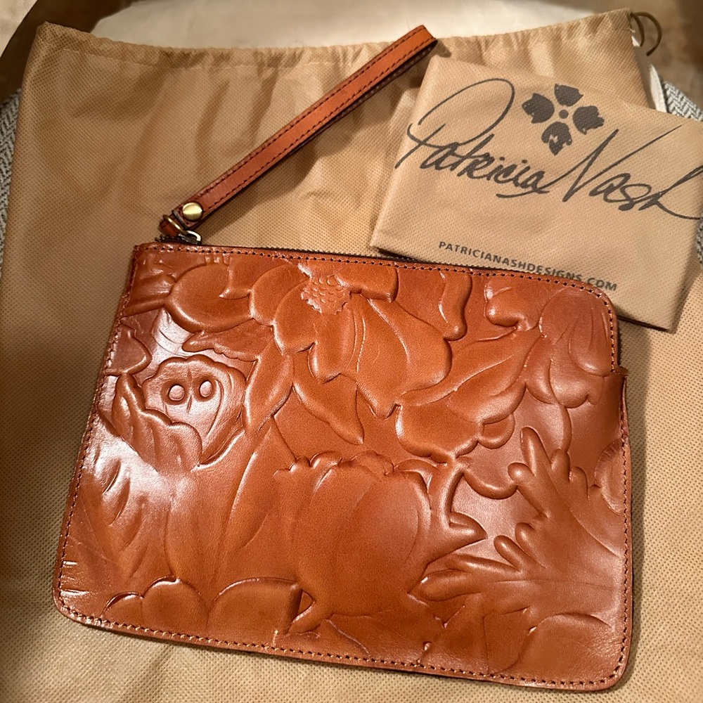 Patricia Nash - brown leather wristlet embossed floral detail work NWOT
